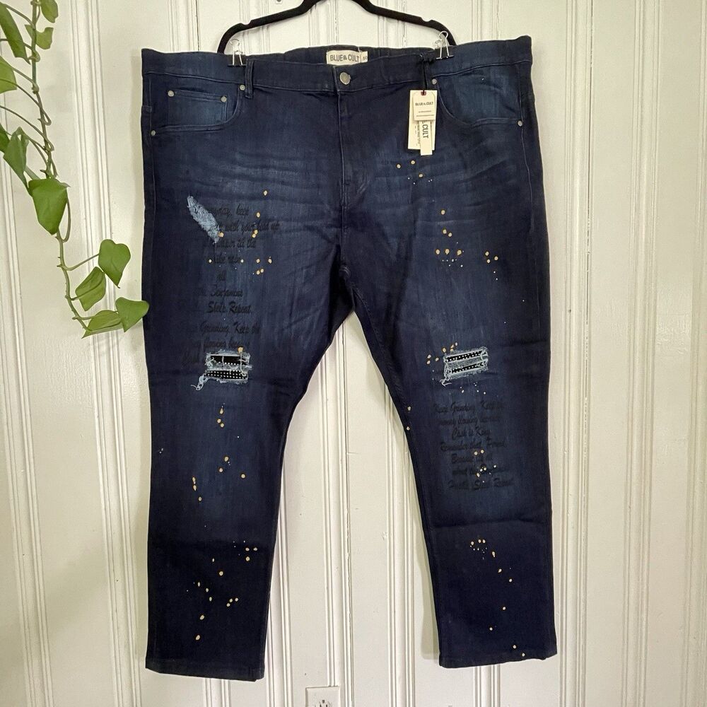 Blue Cult Men Blue Stretch Paint Splatter Distressed Graphic Jeans Size 50 NWT
